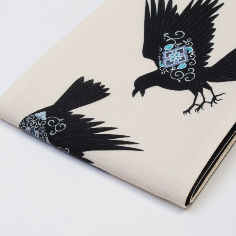 そめもよう】some-pri 半幅帯 「大ヤタガラス ベージュ」 くるり｜着物