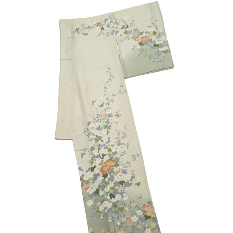着物スタイルズショップ 訪問着 友禅 金駒刺繍 四季花の図 柳鼠色 礼装 