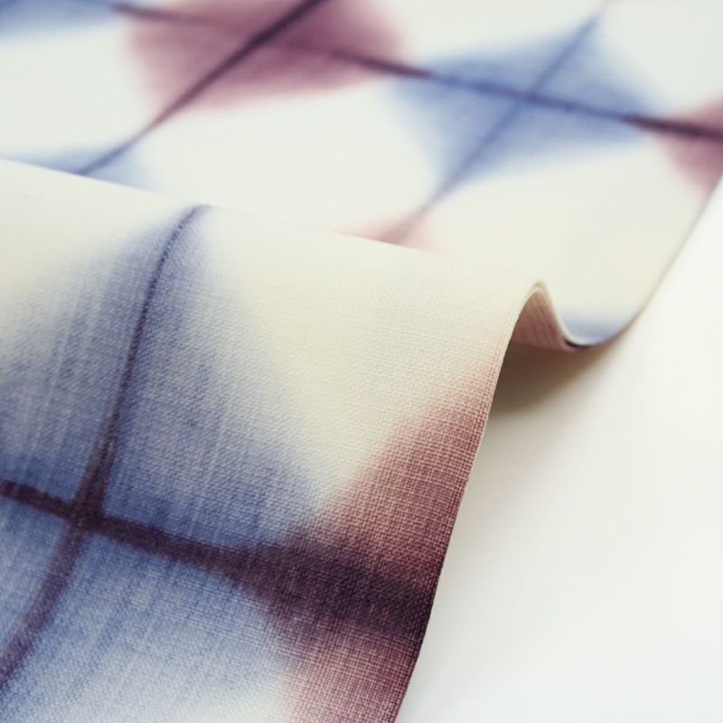 落ち着いた臙脂の絞り帯　美品 CHIKUMO-千雲-】正絹桐生絞り名古屋帯 臙脂×薄青 板締め くるり｜着物