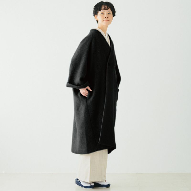 CHIKUMO-千雲-】モヘアシャギーロングコート/ブラック くるり｜着物屋